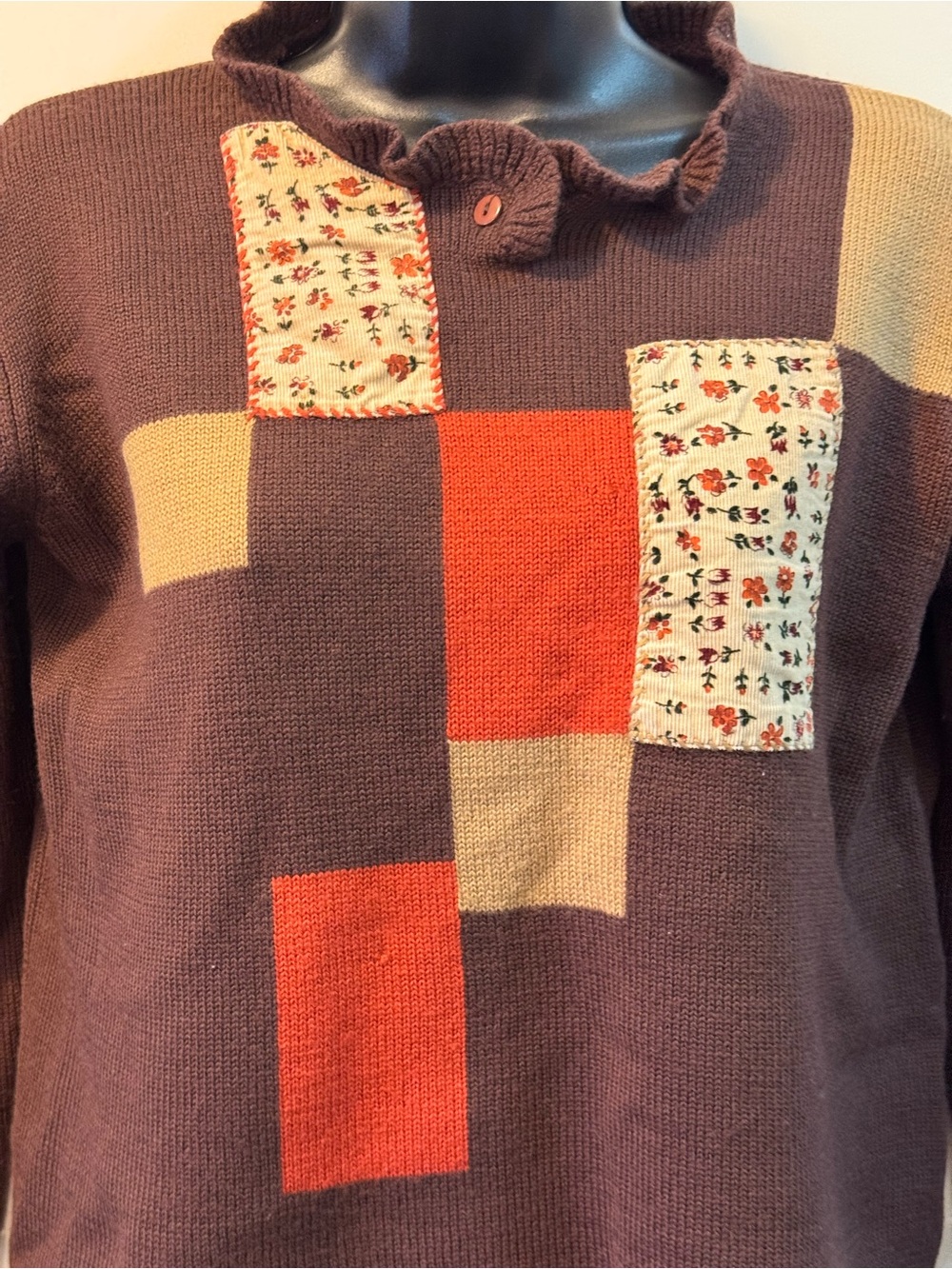Cannelle Vintage Style Patchwork Wool Blend Sweater Brown Floral Patch M - Picture 8 of 10